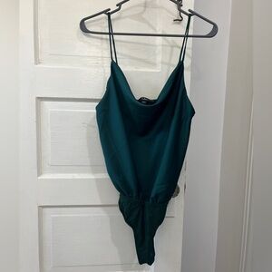 Lulu's Deep Teal Satin Cowl Neck Bodysuit
